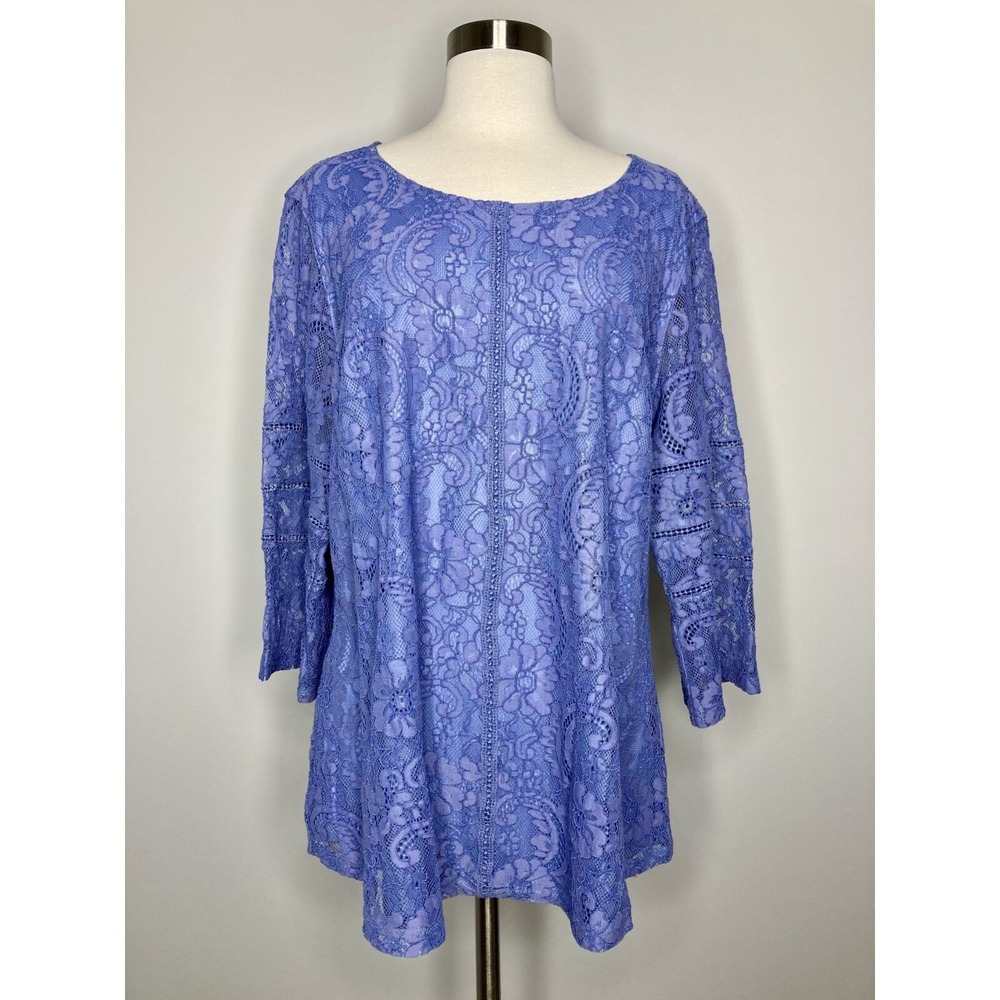 Isaac Mizrahi LIVE Blouse Light Blue Lilac 3/4 Sleeve Lace Top Round Neckline XL
